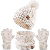 Kids Pompom Winter Beanie Hat Scart Gloves Set,Boys Girls Knitted Fleece Lined Woollen Hat for Children's Toddler 3-9 Years