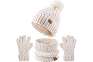 DOCVIT Kids Pompom Winter Beanie Hat Scart Gloves Set,Boys Girls Knitted Fleece Lined Woollen Hat for Children's Toddler 3-9 Years