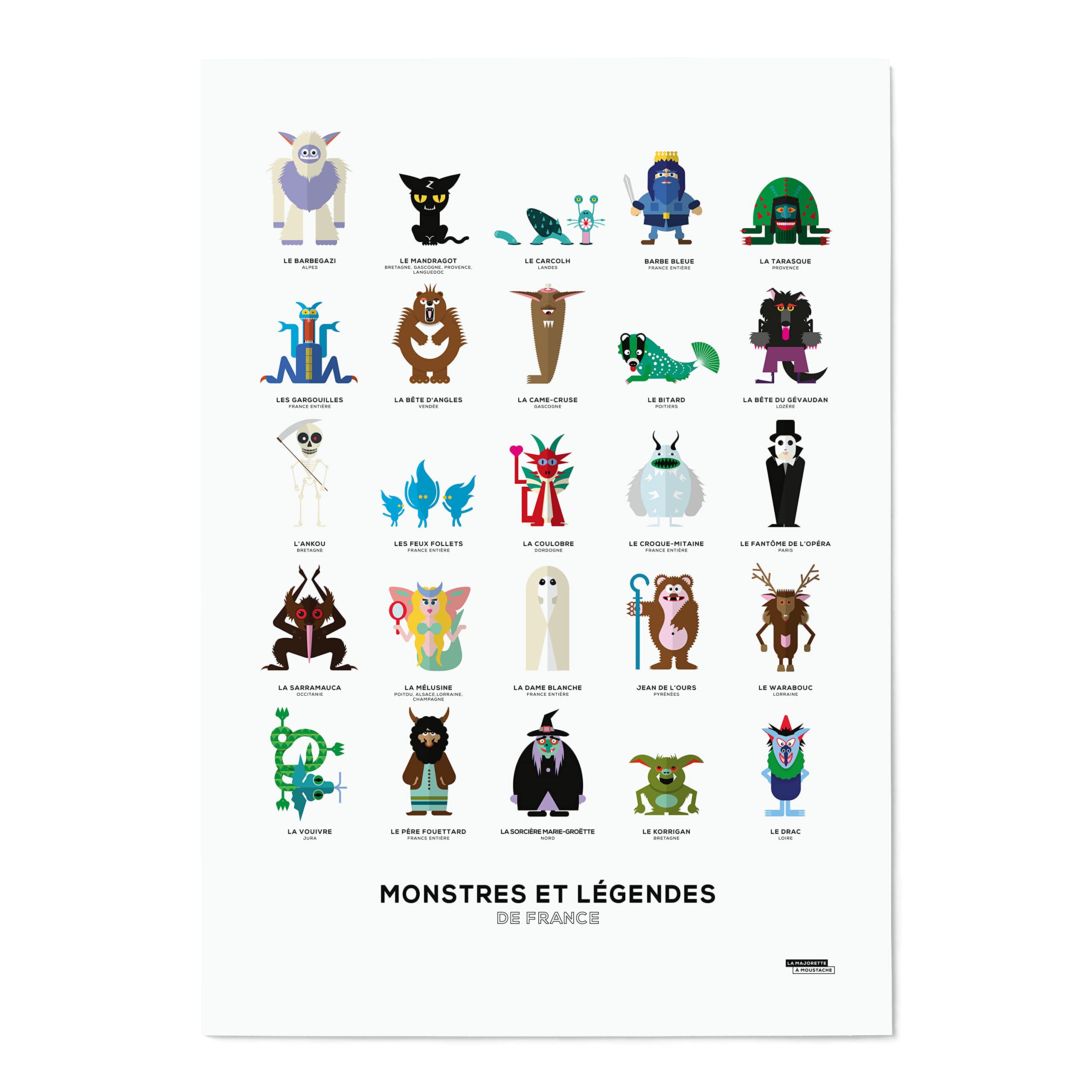La Majorette à Moustache Monsters and Legends of France Poster 50 cm x 70 cm Delivered in Protective Cardboard Tube 53 cm x 6 cm for Children