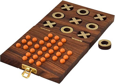 Fine Craft India Wooden Tic Tac Toe and Solitaire Board Game, Traditional Challenging Board Game for Kids and Adults