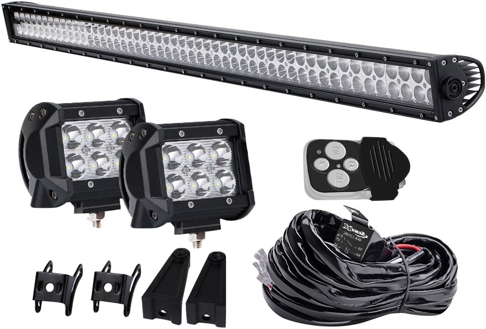 SABER X 52" IN Led Light Bar & 4" 18w Cube Pods Offroad Work Light Fog Lamps with 3 Lead Toggle Switch Remote Relay Wiring Harness & Rubber Isolator fit Jeep cj jk Ford Freestyle F 250 F 150 Tundra
