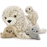 BENINY 4 Pcs Seal Stuffed Animal Set, 20" Mother Plush Toy with 3 Babies in Mom's Belly, Cute Leopard Stuffed Seal Plushie for Girls Boys Kids, Kawaii Chirstmas Bithday