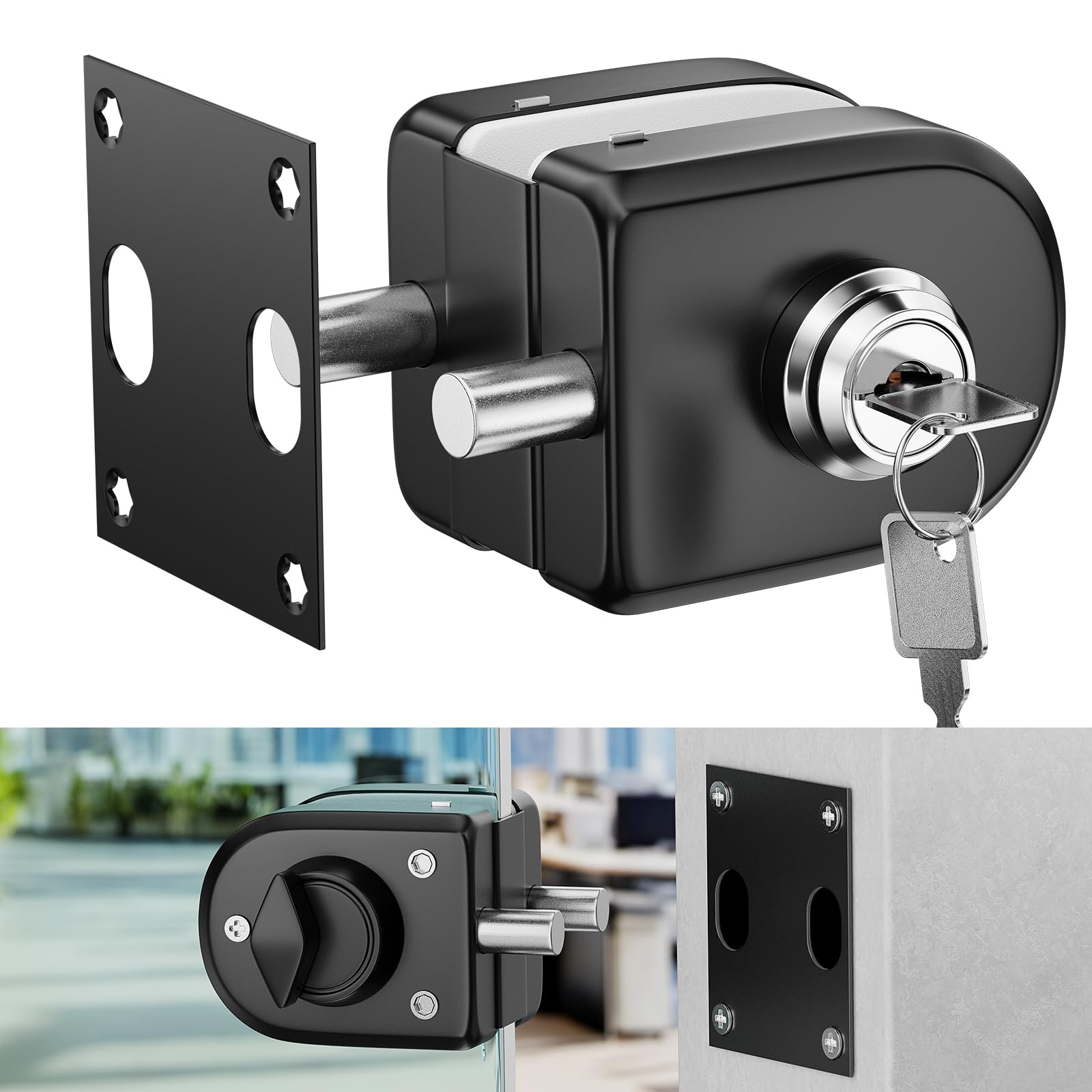 Ranbo Frameless Double-Sided Glass Door Lock, Floor Bolt Lock,No-Drill,304 Stainless Steel, for 3/8''-1/2''(10mm-12mm) Sliding/Pull Push Glass Doors,Office,Store,Entrance,Commercial Doors,2 Keys,Black