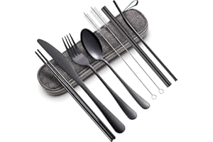 BUMACO Portable Utensils Set,Reusable Travel Cutlery Set with Case Stainless Steel Flatware Set for Camping 8pcs Including Dinner Knife Fork Spoon Chopsticks Boba Straw (Black)