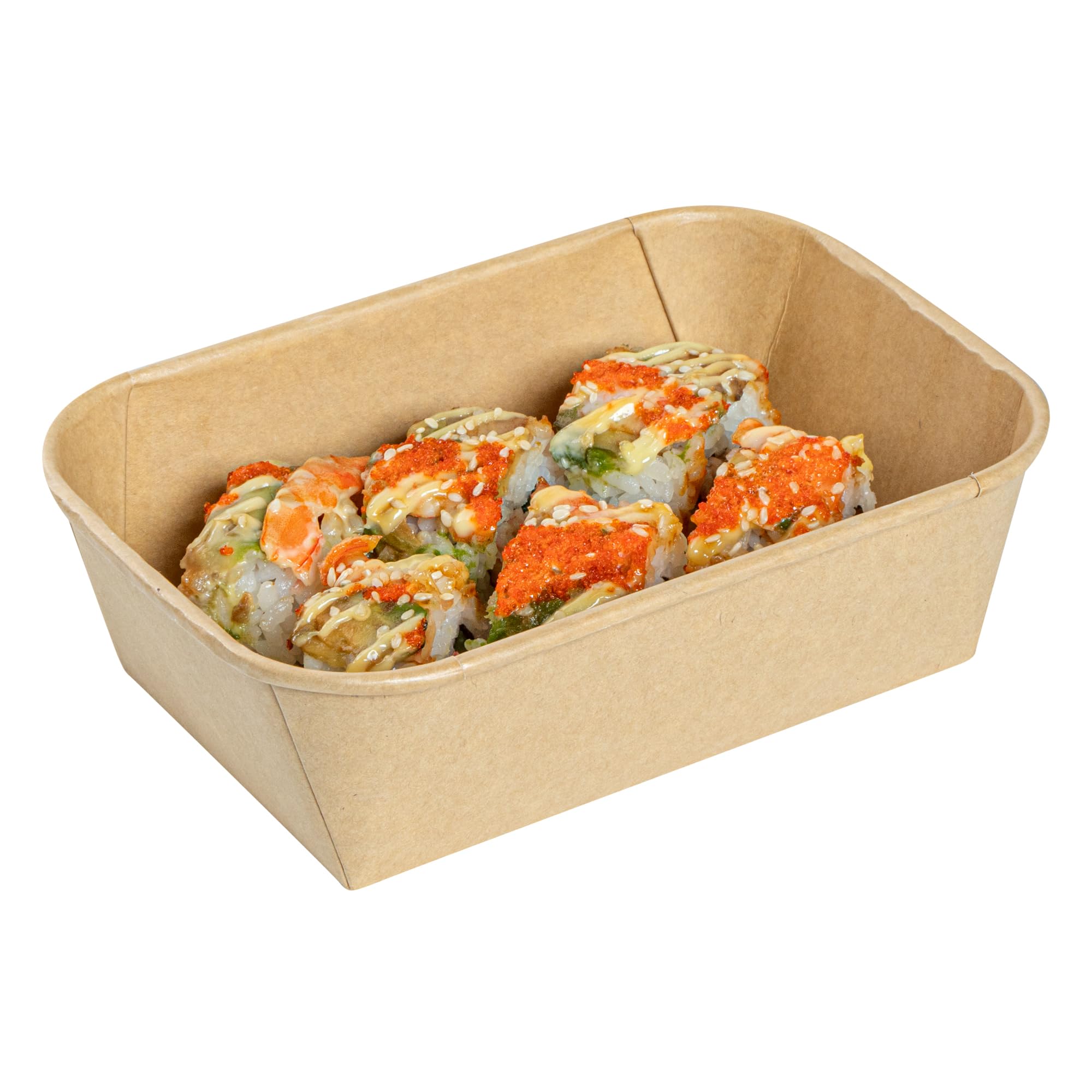 Photo 1 of Restaurantware Matsuri Vision 6.6 x 4.6 x 1.9 Inch Sushi Trays, 100 Greaseproof Sushi Packaging Boxes - Lids Sold Separately, Disposable, Kraft Paper Sushi Containers, For Appetizers Or Desserts