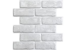 COMSTICKC 10 Pcs 3D White Brick Wall Panel Peel and Stick Tiles 12"X12" DIY Lightweight PVC Faux Brick Wall Covering Self Adhesive Fake Brick Paneling Brick Backsplash Interior Wall Decor