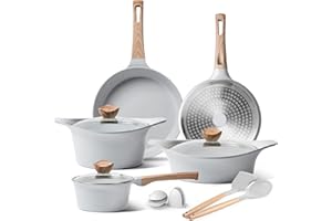 YIIFEEO Pans and Pots Set Nonstick, Granite Cookware Set, Non Stick Induction Cookware sets W/Frying Pans, Saucepan, Saucepot, Utensils, Kitchen Pans for Cooking Set for All Stoves (PFOS, PFOA Free)