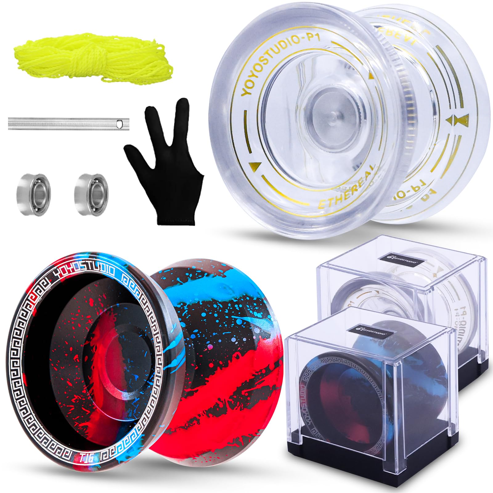 Photo 1 of YOYOSTUDIO Dual Purpose Yoyos Pack of 2, Metal Yoyo T16 & Plastic Yo Yo P1 Crystal White Responsive Yo Yo for Kids Adults with Unresponsive Yoyo Bearings Kit for Pro Yoyos Tricks + 10 Strings + 2 Case