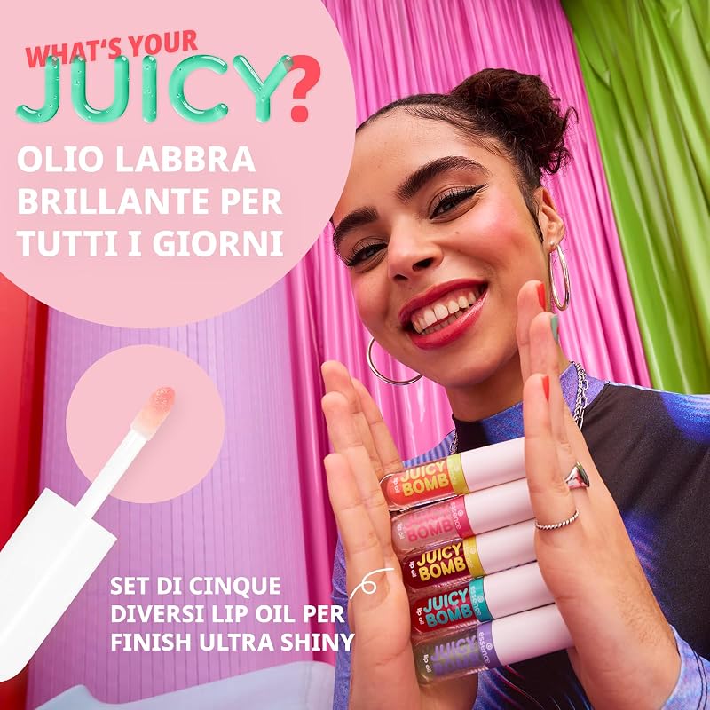essence JUICY BOMB lip oil set 01 – Set di oli labbra nutrienti con profumo fruttato – Finish ultra brillante con vitamina E e olio di jojoba – Cosmetica vegana – 5 x 2,4 ml