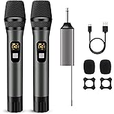 voijump Wireless Microphone, Handheld UHF Dual Metal Cordless Dynamic Mic System with Rechargeable Receiver,200ft Range,for Karaoke, Speech, Party, Wedding, Church,Singing Machine-Auto Connect