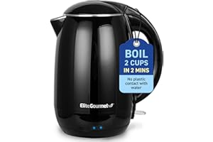 Elite Gourmet EKT1821 1.8L Double Wall Insulated, Cool-Touch 1500W Kettle w/Stainless Steel Interior & Lid, 360° Swivel Base for Cord Free Serving, Power On Lever, Auto Shut-Off, Boil Dry, Black