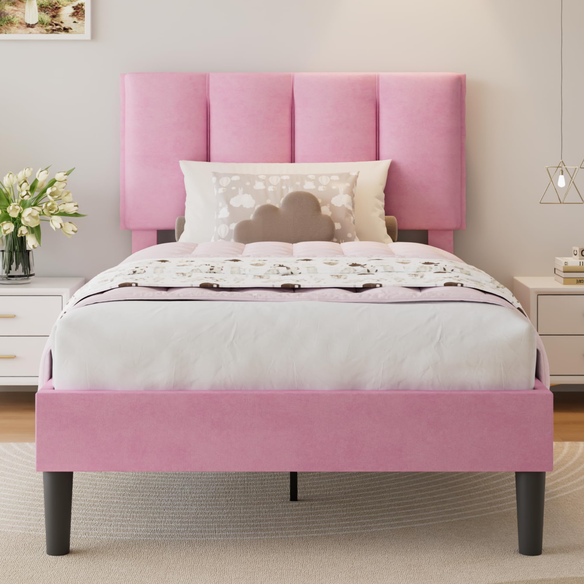 VECELO Twin Size Bed Frame with Upholstered Headboard, Heavy-Duty Bedframe with Wooden Slats & Steel Framework, Easy Assembly, Pink