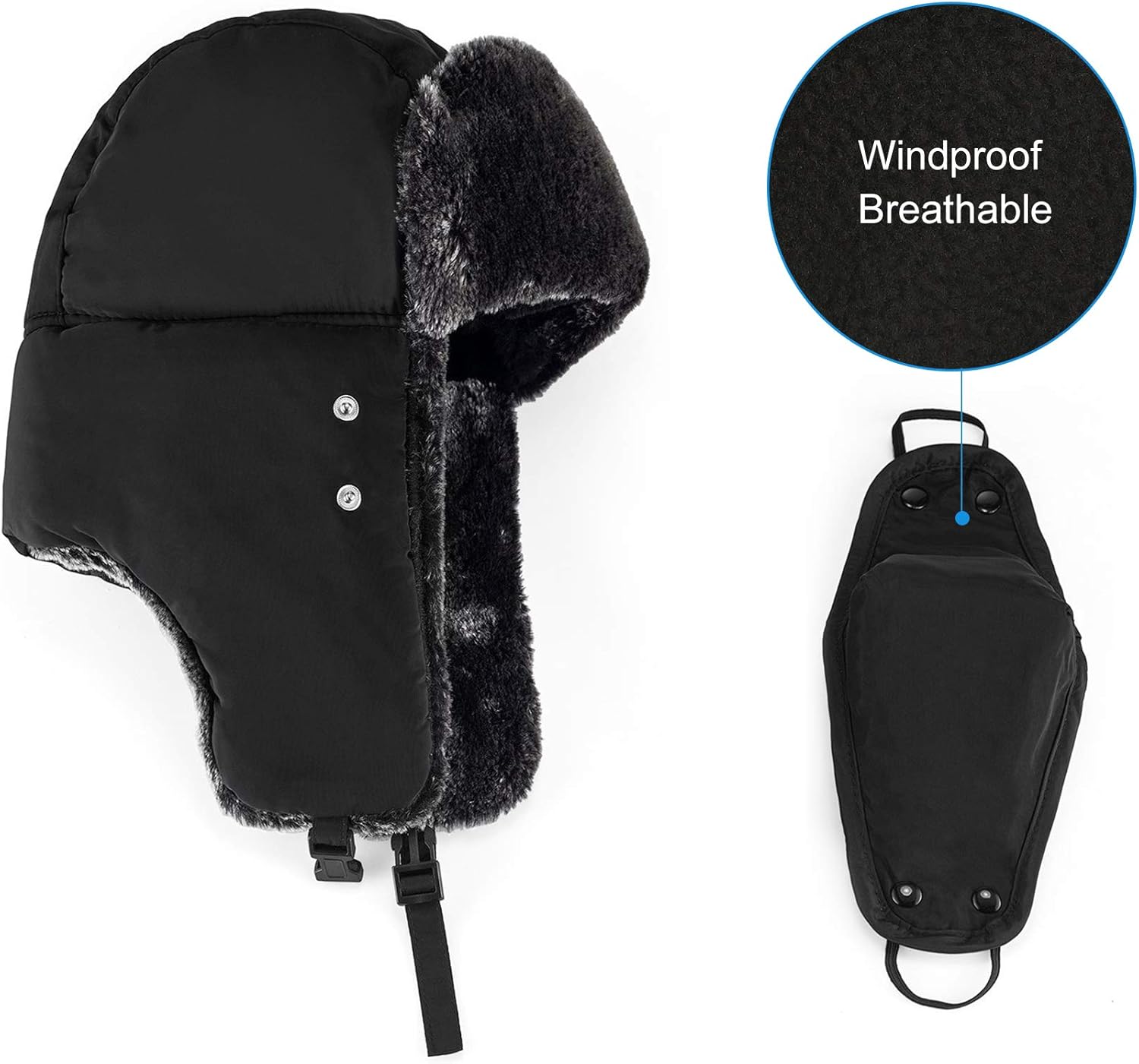 Mysuntown Unisex Winter Trooper Trapper Hat Hunting Hat Ushanka Ear Flap Chin Strap and Windproof Mask,Black,22-24 Inches ,One Size Fits All: Clothing