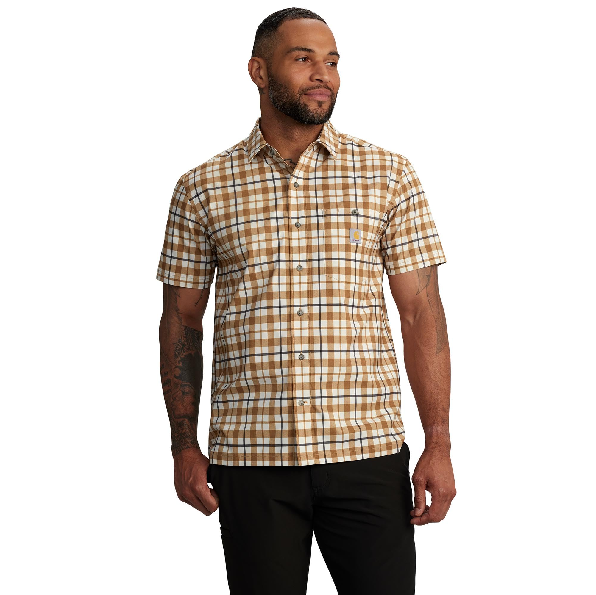 Carhartt Men’s Force Sun Defender Relaxed Fit Lightweight Short-Sleeve Plaid Shirt, Carhartt Brown, Medium