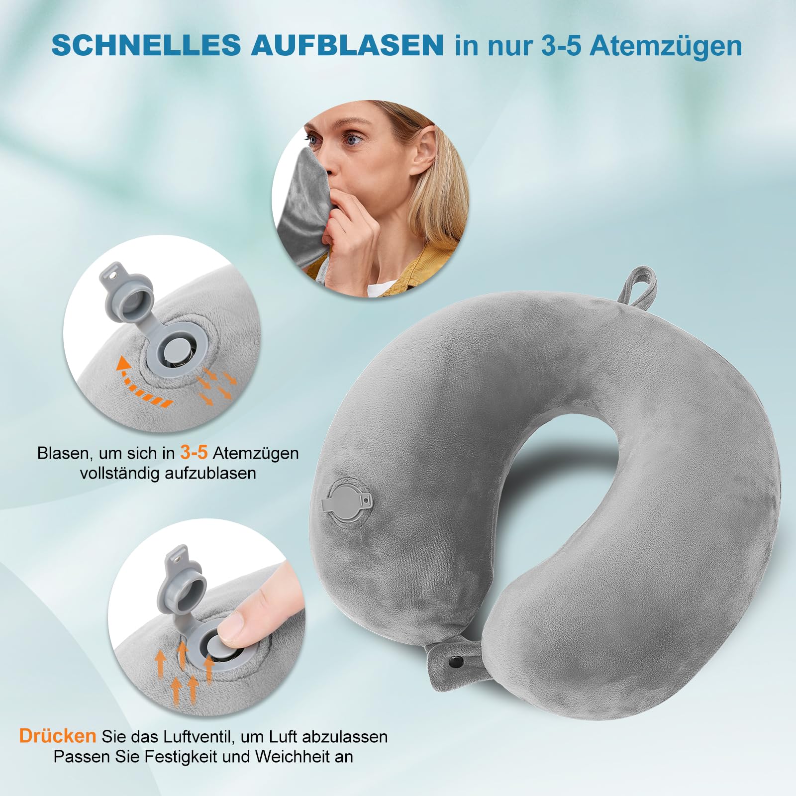Cirorld Nackenkissen Flugzeug Aufblasbar, Reisekissen Flugzeug Nackenkissen, Nackenhörnchen Erwachsene, Aufblasbares Reisekissen mit Augenmaske und Ohrstöpsel(Grau) 2