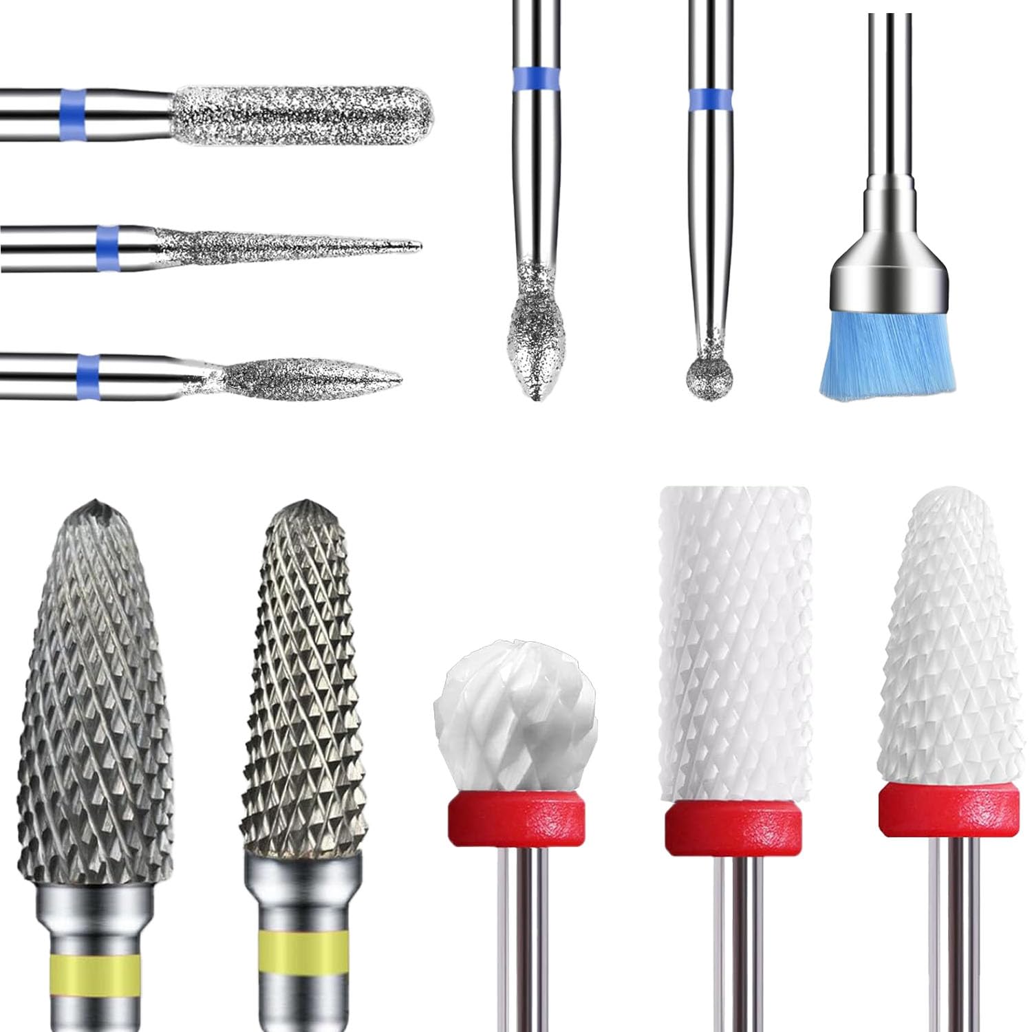 Depvko 11PCS Ceramic Cuticle Nail Drill Bits Set: Professional Tungsten Carbide Ceramic Efile Bits, Electric Drill Bits for Nails + Brush, 3/32'' Cuticle Cutter for Acrylic Gel Nail Manicure Pedicure