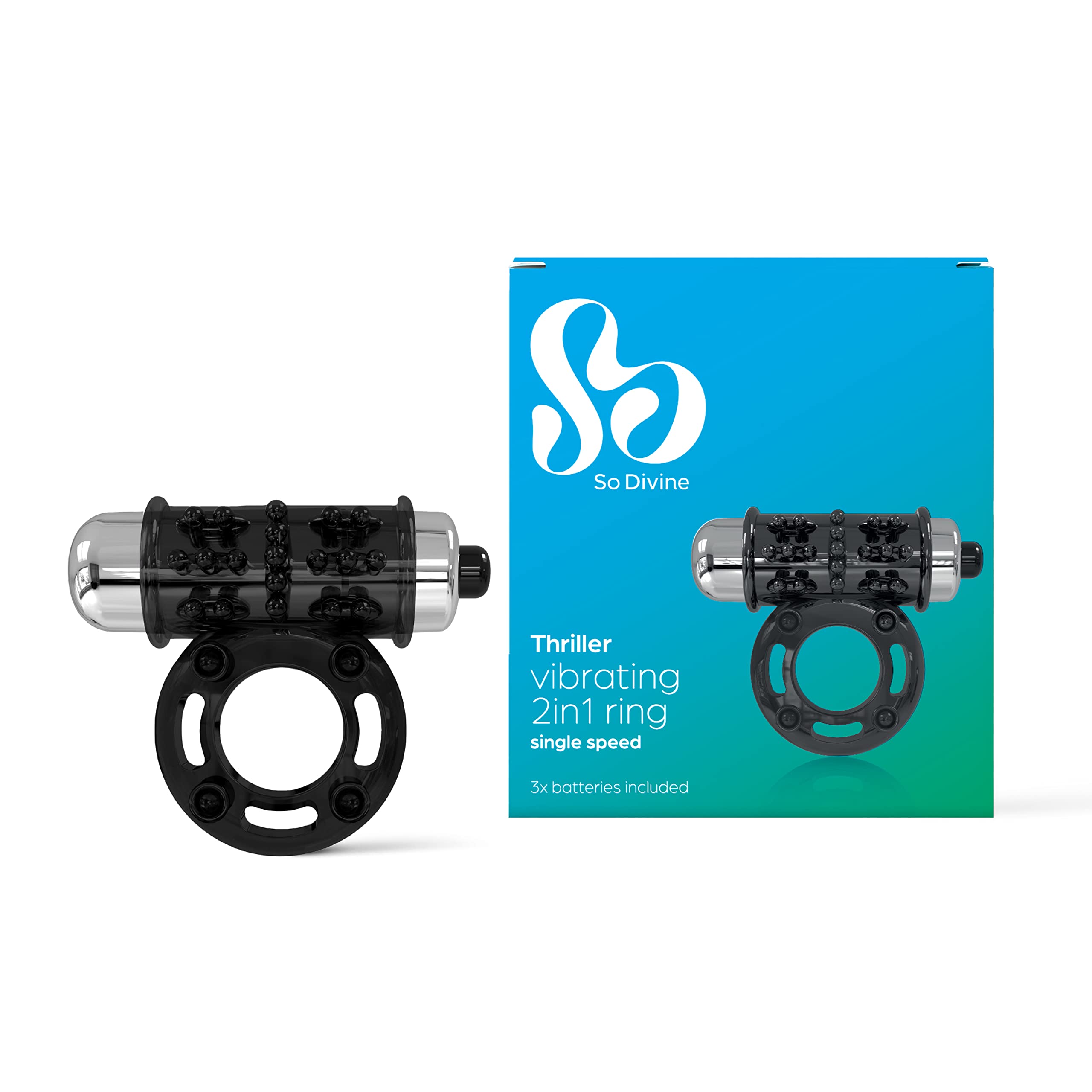 So Divine Thriller 2in1 Vibrating Cock Ring with a Removable Bullet., Black