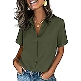 Zeagoo Button Down Shirts for Women Short Sleeve Collared Tops Dressy Casual V Neck Blouses