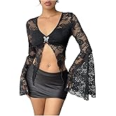 SweatyRocks Women's Goth Lace Going Out Crop Top Bell Long Sleeve Sheer Asymmetrical Tops Coquette Clothes