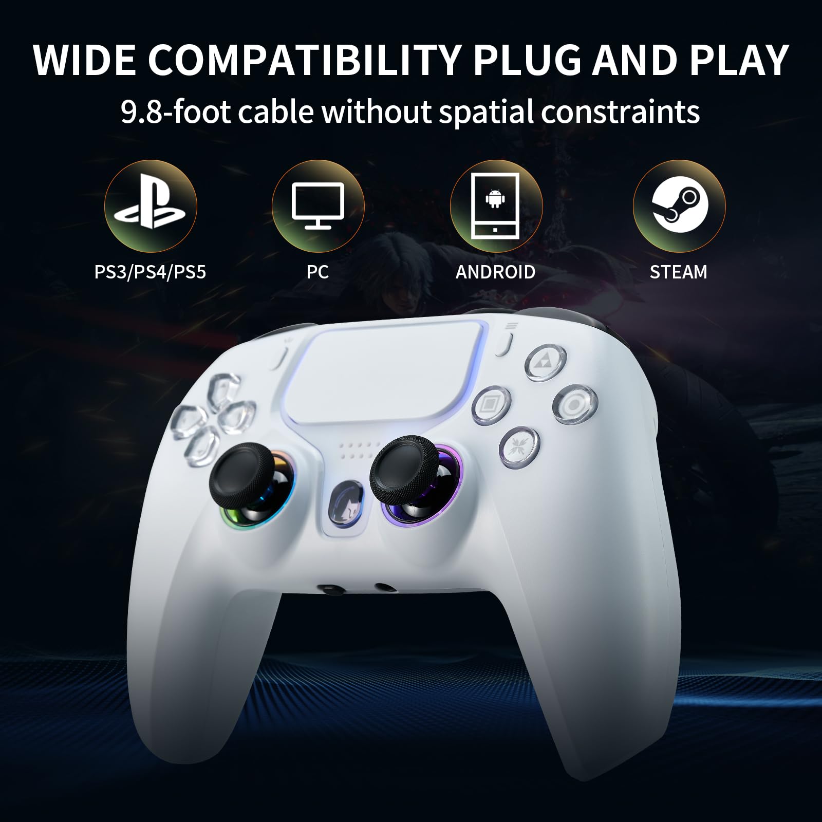 NBCP Wired PS5 Controller - Gaming Controller for PlayStation 5, PS4, PC/Steam, Turbo & Linear Hall-effect Trigger, Dual Vibration, 3.5mm Audio Jack - White