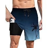 Lzzidou Men Swim Trunks with Compresssion Liner 7 Inch Inseam Board Shorts Bathing Suit with Zipper Pockets