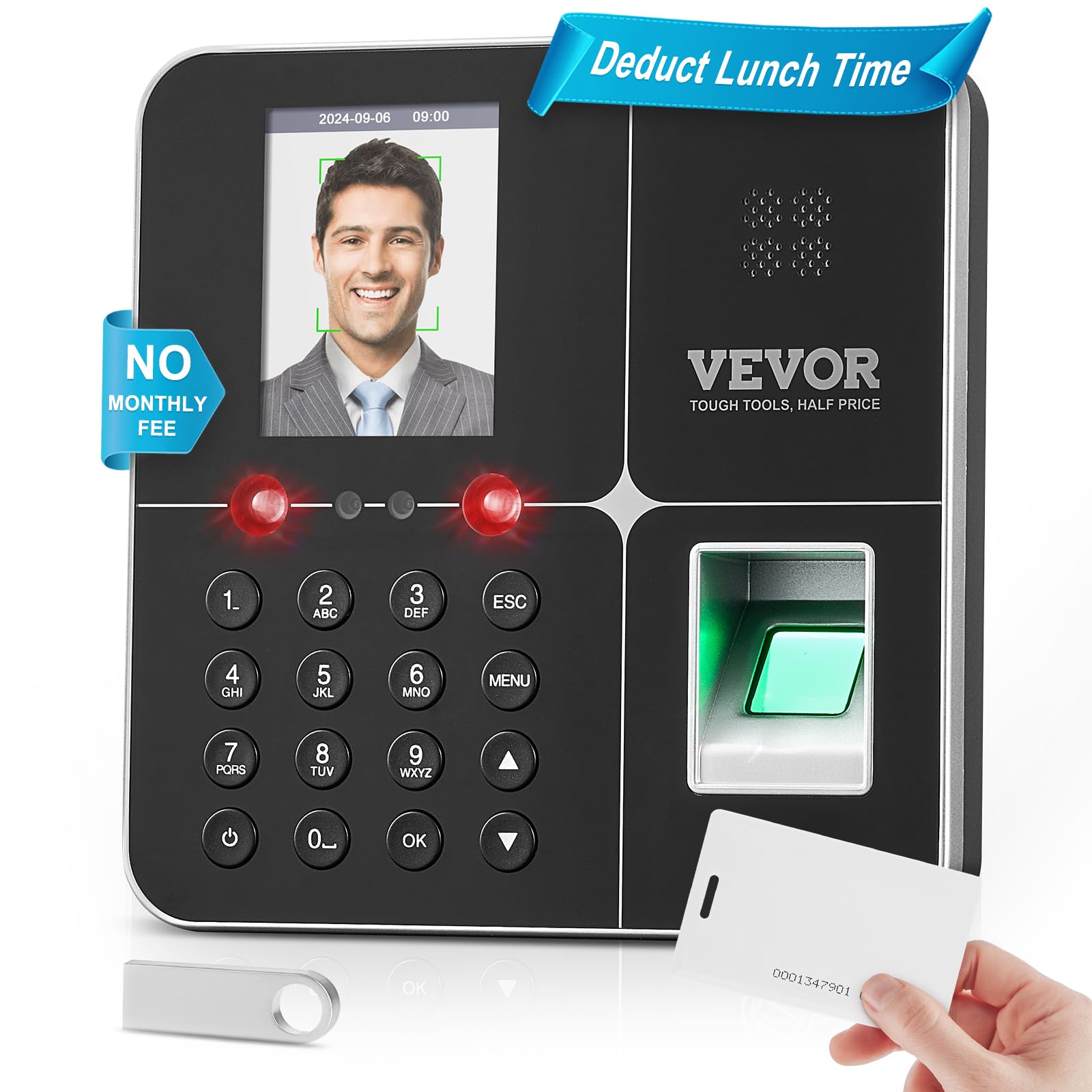 Photo 1 of VEVOR Time Clocks for Employees Small Business with Face, Fingerprint, RFID and PIN Punching in One, Biometric Time Clock with 5 RFID Cards & USB Drive, Automatic Punch in/Out, No Monthly Fees
