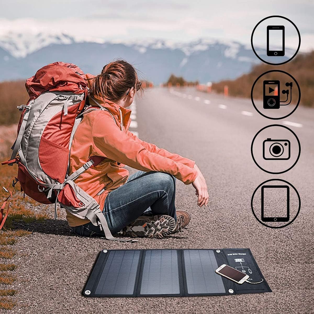 21W USB Solar Charger with Portable Foldable Solar Panel PowermaxIQ Technology for iPhone, iPad, iPod, Samsung, Camera, and More (Black)