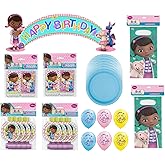 Doc McStuffins Party Supplies Deluxe Bundle Pack includes 16 Blue Lunch Plates, 1 Happy Birthday Banner, 16 Loot Bags, 16 Blowouts, 16 Mini Notebooks, 8 Latex Balloons