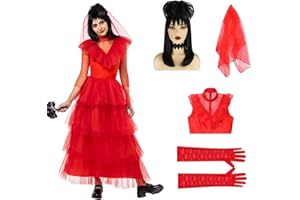 ZZXIAOJIE Lydia Costume for Halloween Women Red Dress with Black Wig Veil Lace Gloves Costume Set