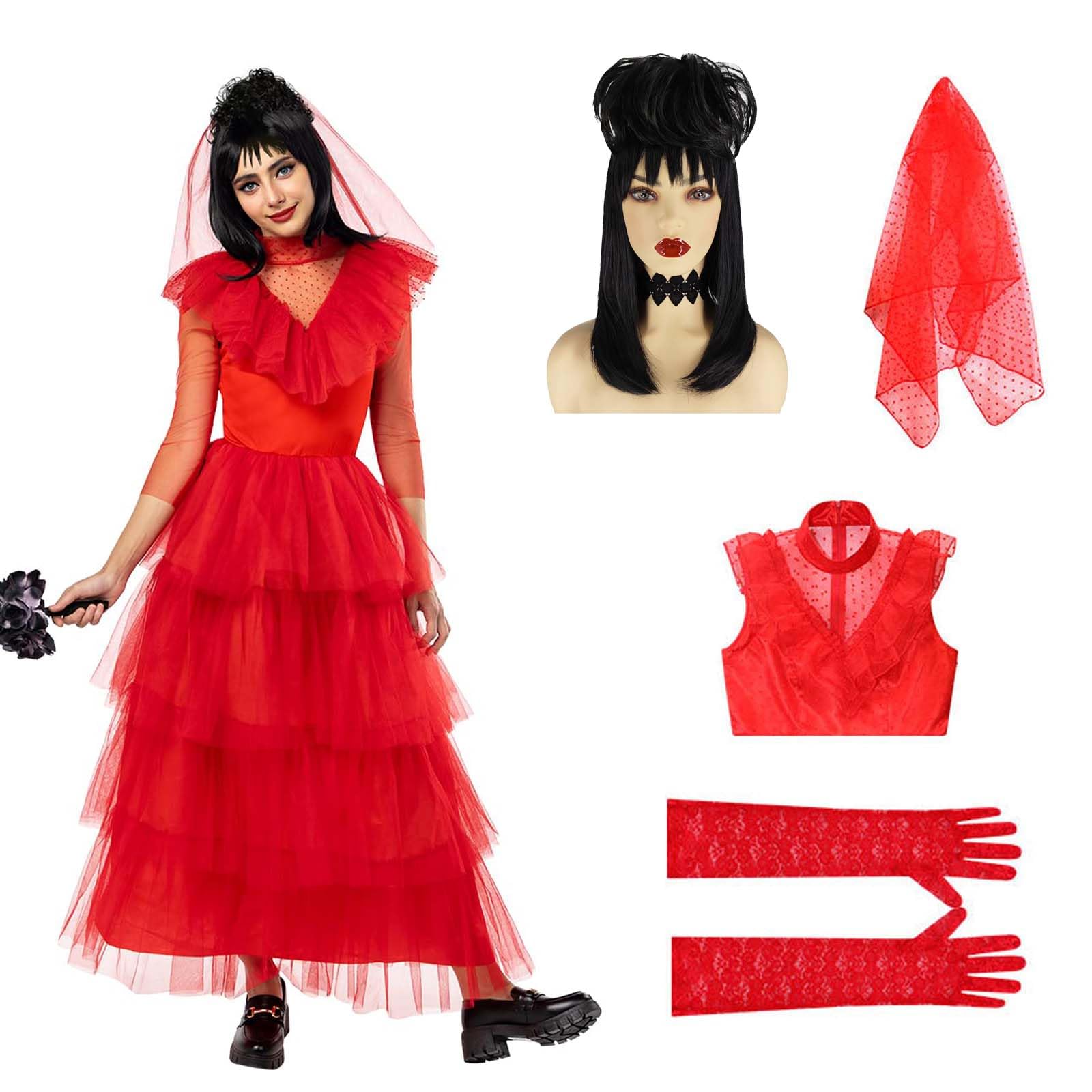 Photo 1 of ***MISSING ALL ACCESSORIES*** ZZXIAOJIE Lydia Costume for Halloween Women Red Dress with Black Wig Veil Lace Gloves Costume Set