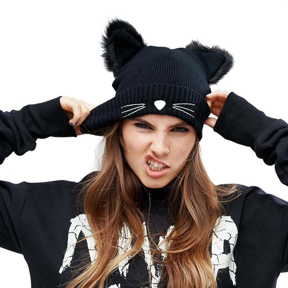 EVRFELAN Black Cat Ears Hats Embroidered Warm Knit Crochet Beanies Wool Cute Fashion Skull Cap for Women Girls in Fall Winter