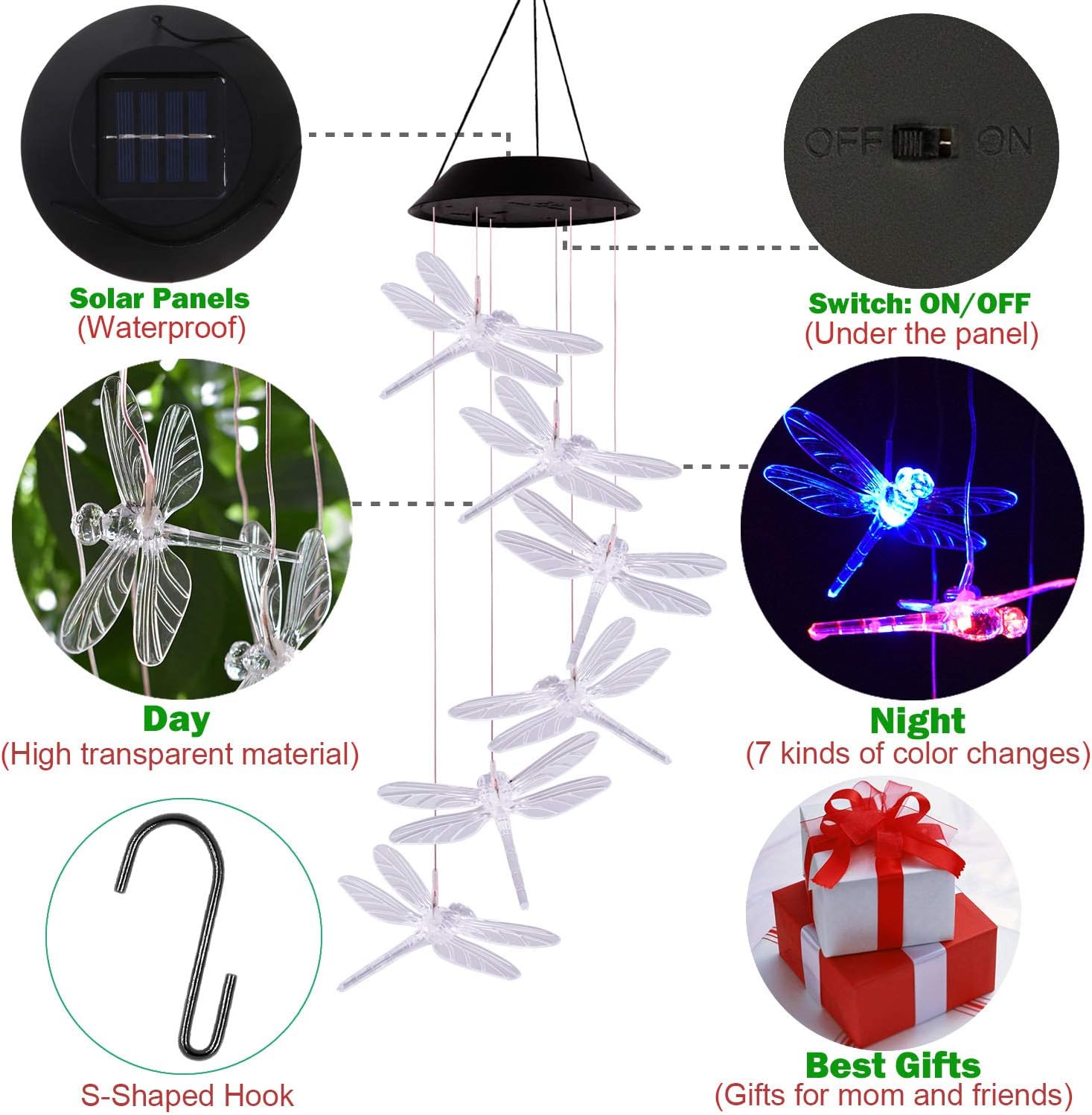 ME9UE Color Changing Dragonfly Solar Wind Chimes Gifts Portable Hanging Waterproof Mobile Romantic Windchime Outdoor LED Solar Dragonfly Wind Chime Light for Festival,Mom Gifts,Patio,Garden Decoration: Home & Kitchen