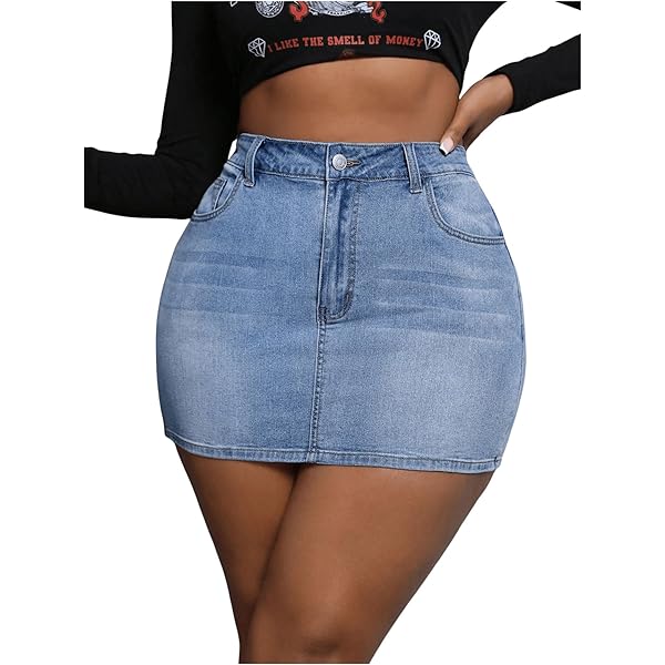 WDIRARA Plus Size High Waist Cargo Denim Skirt - Stretchy Mini Jean Skirt With Flap Pockets & Zipper