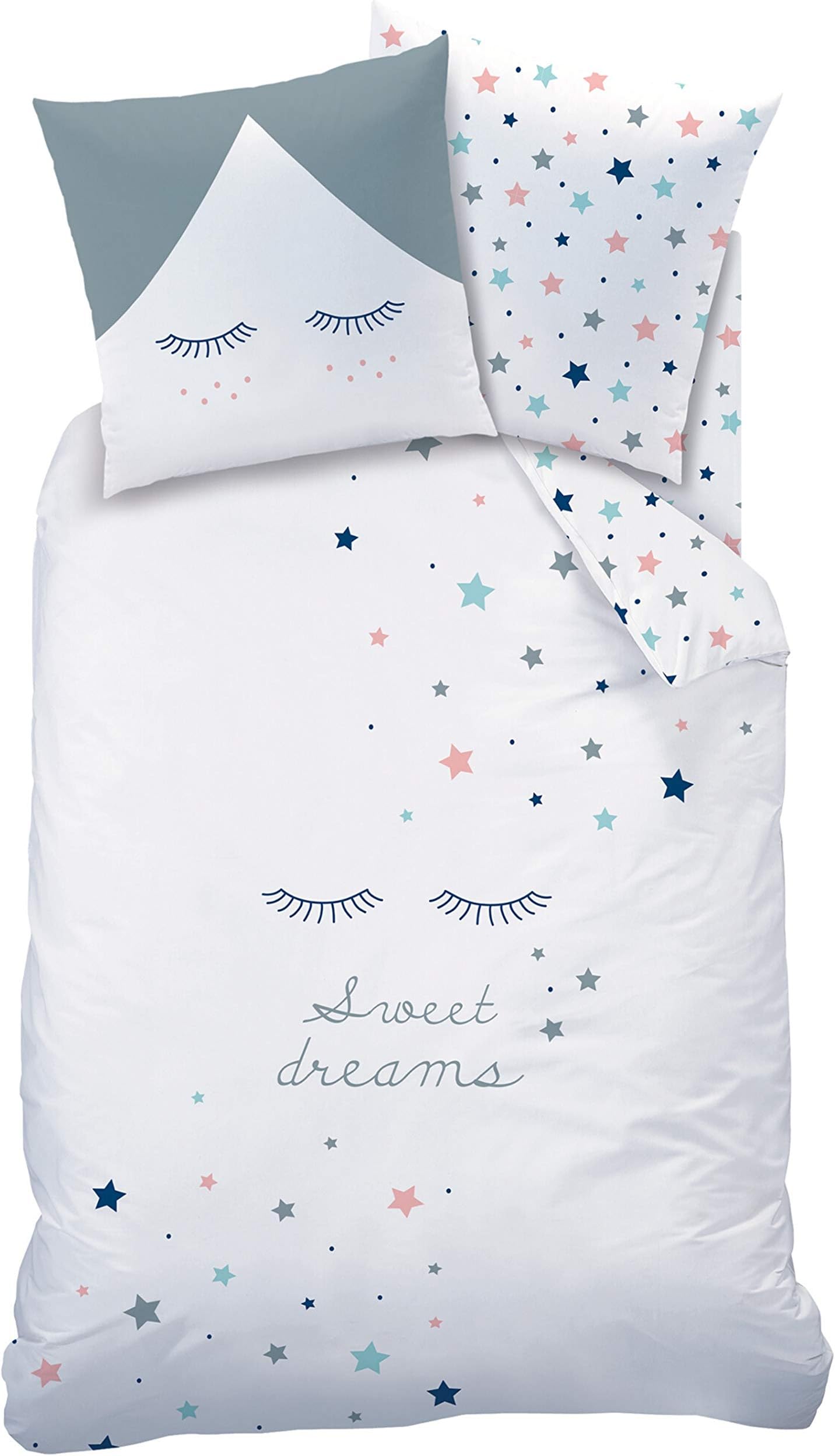 Sweet Dreams Girls’ Bed Linen Set with Reversible Stars / Eyelashes Motif in Mint, Grey, White, Apricot, 2-Piece Set of Pillow Case 80 x 80 cm & Duvet Cover 135 x 200 cm, 100% Cotton