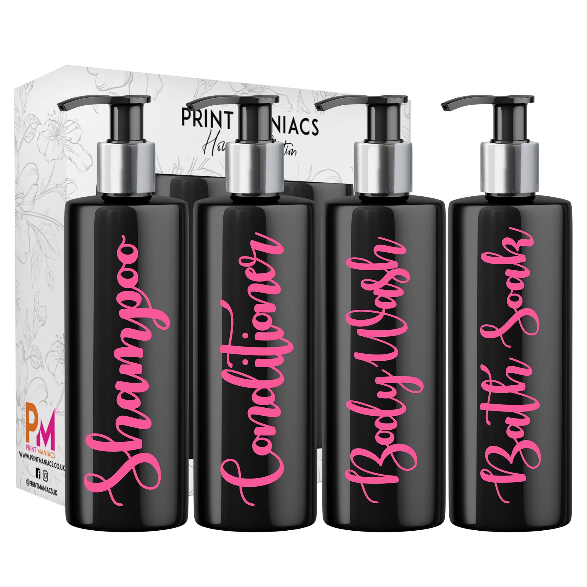 Print Maniacs Mrs Hinch Inspired Black Personalised Pump Bottles Bathroom Kitchen Set Shampoo Conditioner (Baby Pink)