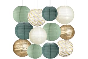 YUNXUAN Paper Lanterns Party Decorations, Sage Green and Gold Hanging Paper Lanterns for Baby Shower Wedding Baptism Sage Green Birthday Party Decor Pack of 12 (Sage Green/Gold)