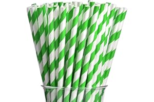 ALINK 100 Green and White Striped Paper Straws, Biodegradable Disposable Drinking Straws for Smoothie, Brithday, New Year, Party Decoration Supplies