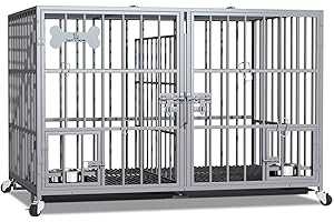 aboxoo 42/48 inch Heavy Duty Metal Dog Crate for 2 Dogs/Large Dog,All Metal Open Top,Dog Kennel Indoor with Wheels,Floor Grid, Tray, Divider and Feeding Bowl (Sliver)