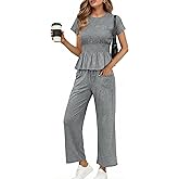 Cicy Bell Womens 2 Piece Outfits Smocked Short Sleeve Tops Wide Leg Elastic Waist Pants Casual Boho Lounge Matching Sets