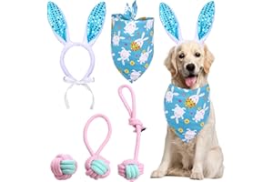 QIDELONG Dog Easter Bunny Costume, 5 Pieces Sequin Pet Rabbit Ears Headband Headwear, Rabbit Egg Bandana, Teething Chew Rope Ball Toy Set, Dog Easter Costumes for Small Medium Dogs Puppy Party Accessory (Blue)