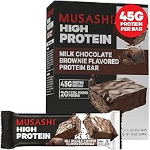 MUSASHI High Protein Bar, 45g Protein, 2g Total Sugars, Milk Chocolate Brownie, Post Workout and Protein Snack On The Go, 12