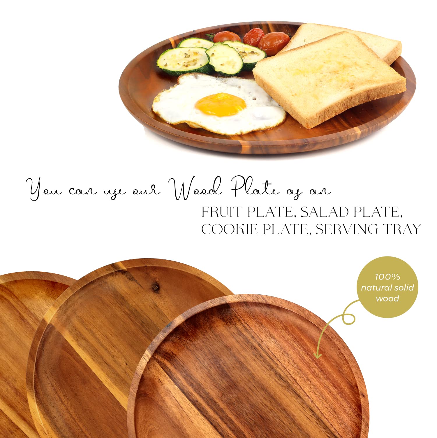 FANICHI Wooden plates (set of 4-11inch) Dinner Plates, Acacia Round Wood Plates, Unbreakable Classic Plates, Easy Cleaning & Lightweight for Dishes Snack, Dessert, Housewarming, Christmas Gift
