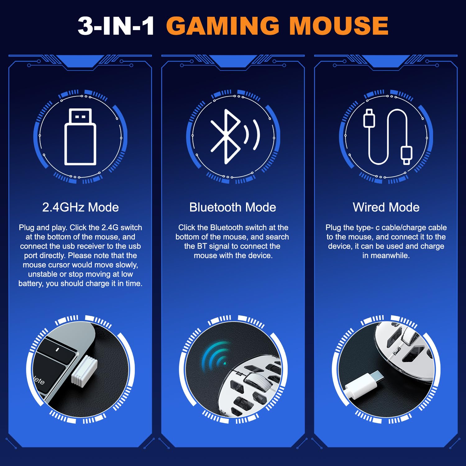 YPBDAN KM-2 Gaming Mouse, Wireless Mouse for Laptop with Transparent Honeycomb Shell, Tri-Mode 2.4G/Type-C/BT 5.2, 11 RGB Lights, 60Hrs Ergonomic Programmable Computer Gamer Mice for Windows PC Mac