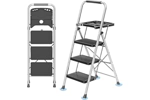 DIAMONDFORGE 3 Step Ladder, Folding Step Stool with Tool Platform, Wide Anti-Slip Pedal and Anti-Slip Feet, Sturdiest Steel Construction, 600lbs Capacity Steel Ladder for Home Office, Grey