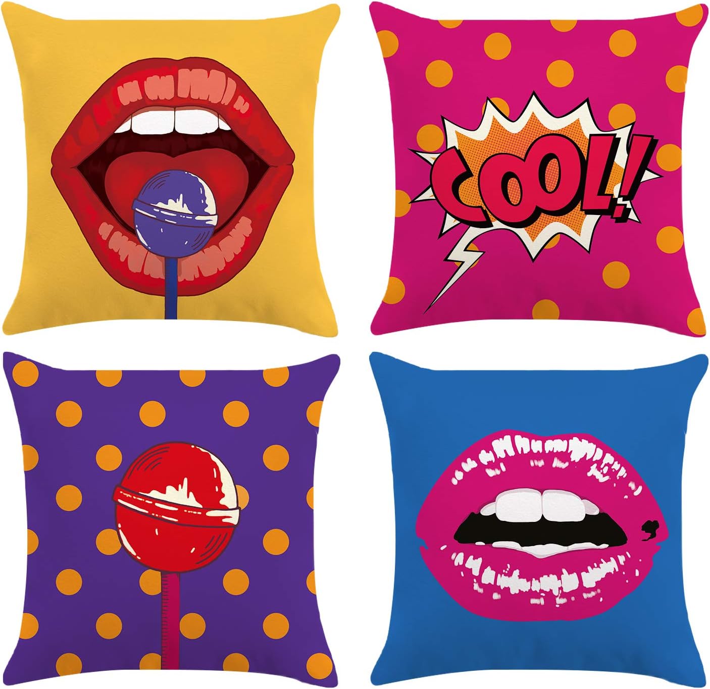 Bonhause Pop Art Style Throw Pillow Covers 18 x 18 Inch Set of 4 Lips Polka Dots Decorative Throw Pillow Cases Super Soft Velvet Square Cushion Covers for Sofa Couch Car Bedroom Home Décor