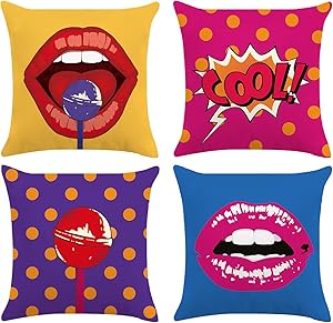 Bonhause Pop Art Style Throw Pillow Covers 18 x 18 Inch Set of 4 Lips Polka Dots Decorative Throw Pillow Cases Super Soft Velvet Square Cushion Covers for Sofa Couch Car Bedroom Home Décor