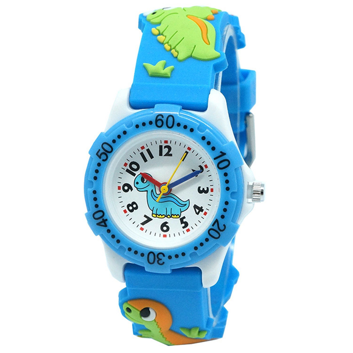 Fashionable-Shop School Toddlers Kids Time Teach 3D Cartoon Boys Girls Watch Japan Quartz Durable Silicone Christmas Birthday Gift 3-10 Years Old Water Resistant UN1739 (Dinosaur Blue)