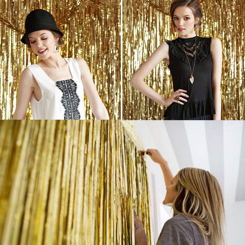 Twinkle Star Photo Booth Backdrop Metallic Tinsel Foil Fringe Curtains Environmental Background for Birthday Wedding Party Christmas Decorations (2 Pack, Gold): Kitchen & Dining