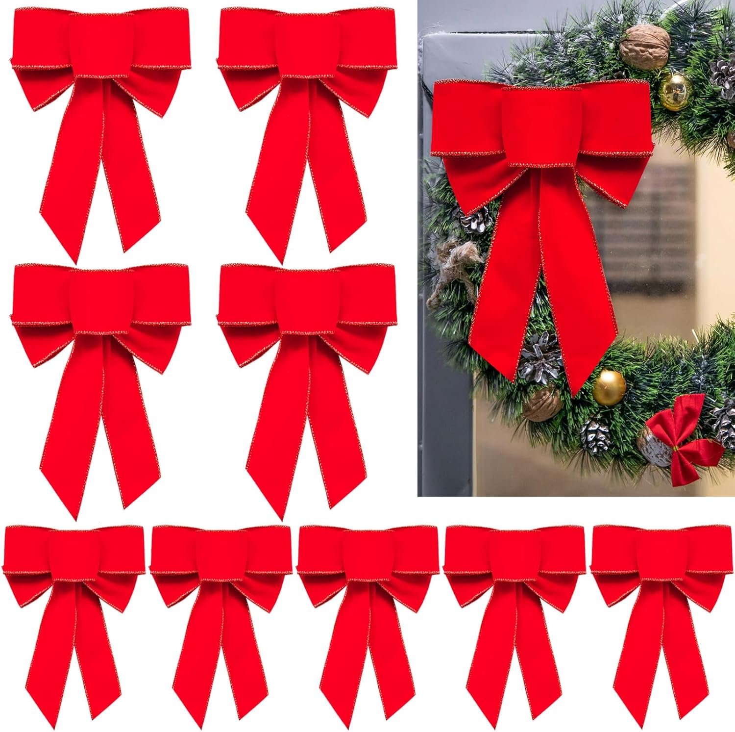 Bows & Ribbons - Yanmucy 10 Pcs Large Christmas Bows Red Velvet Bow with Glitter Gold Edge Outdoor Xmas Bows Christmas Decorations for Xmas Tree Door Wreaths 9.5 * 7 Inch (10)