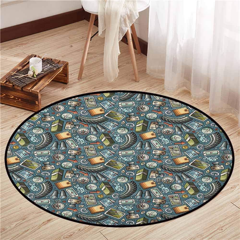 Round Carpet,Explore,Cartoon Traveling Pattern with Coins Credit Cards Compass and Roads Doodle Design,Anti-Slip Doormat Footpad Machine Washable,4'3" Multicolor